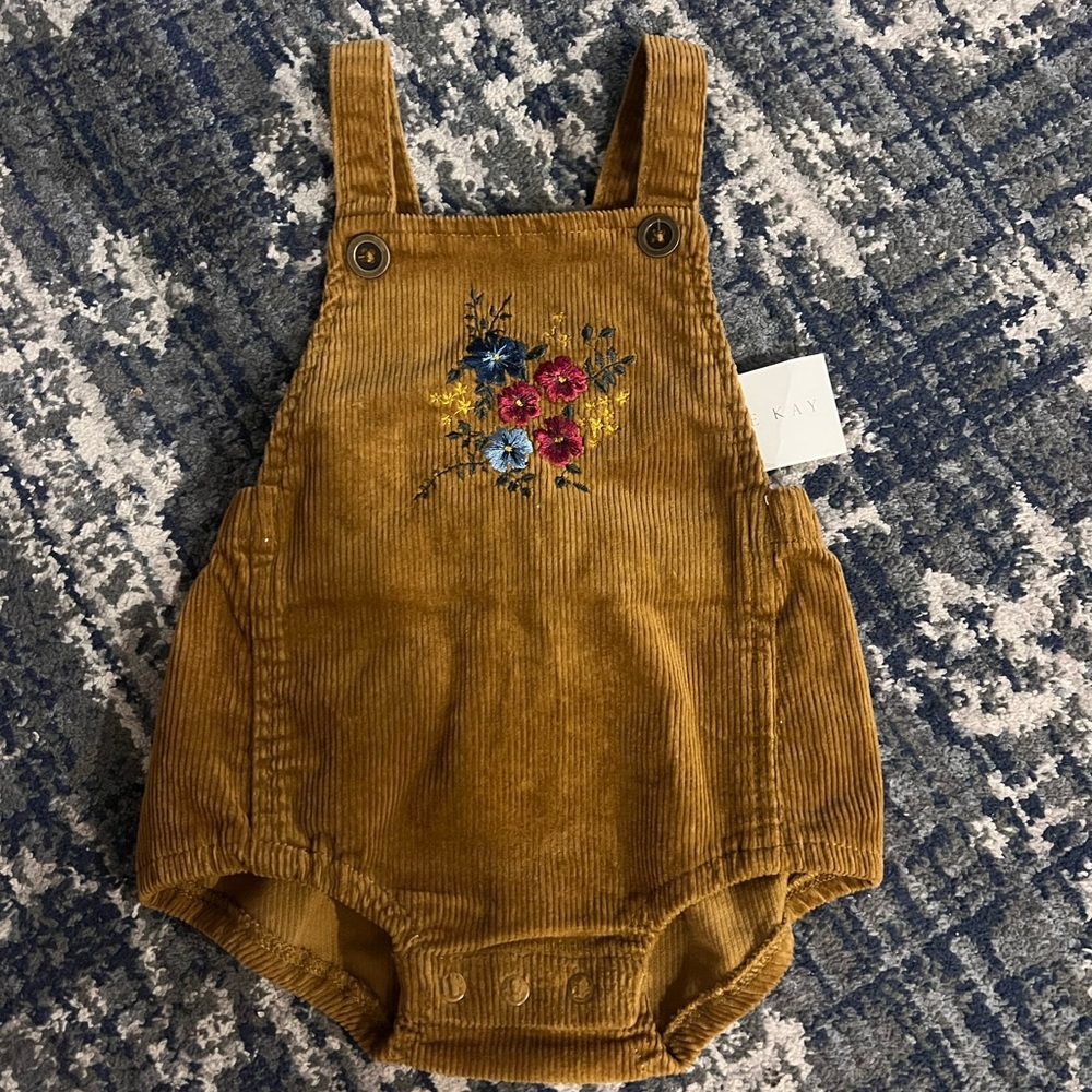 Embroidered Corduroy Kids Overalls - Brown